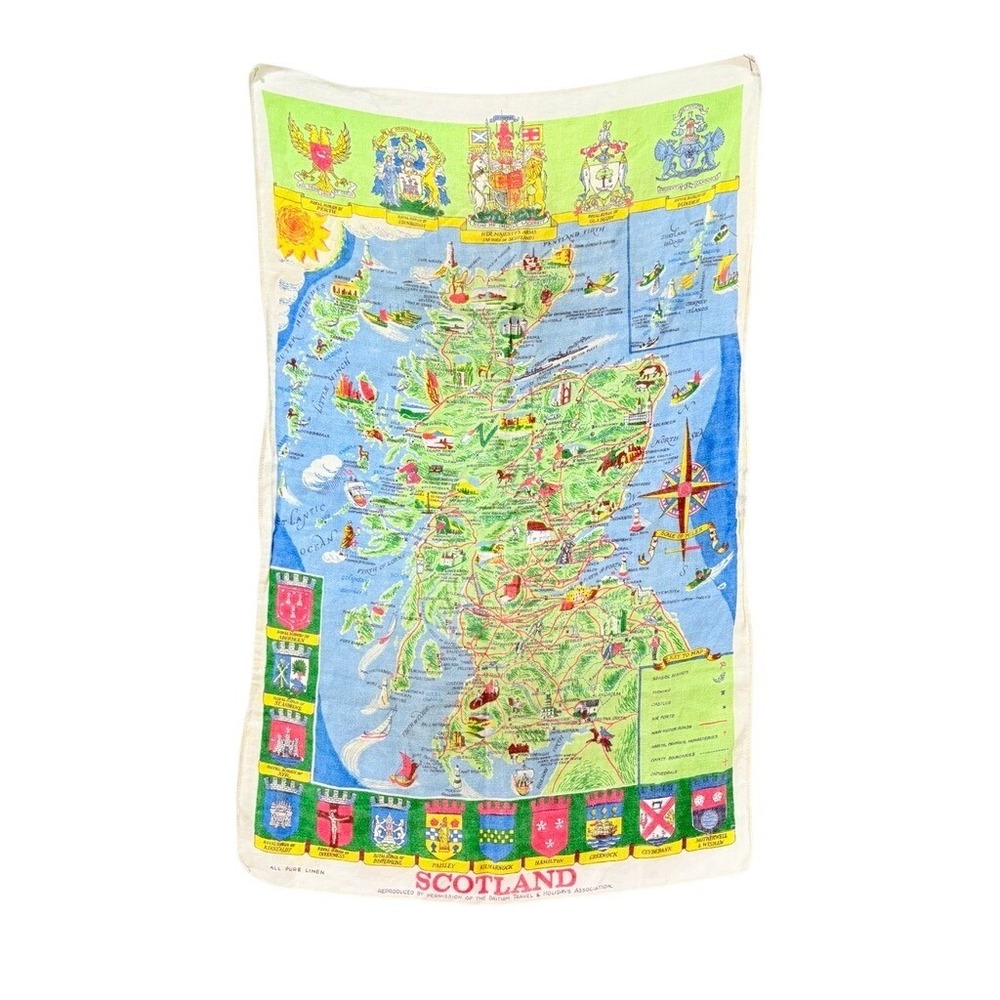 Vintage Scotland Map Tea Towel Pure Linen Scottish Souvenir Wall Hanging 30x19